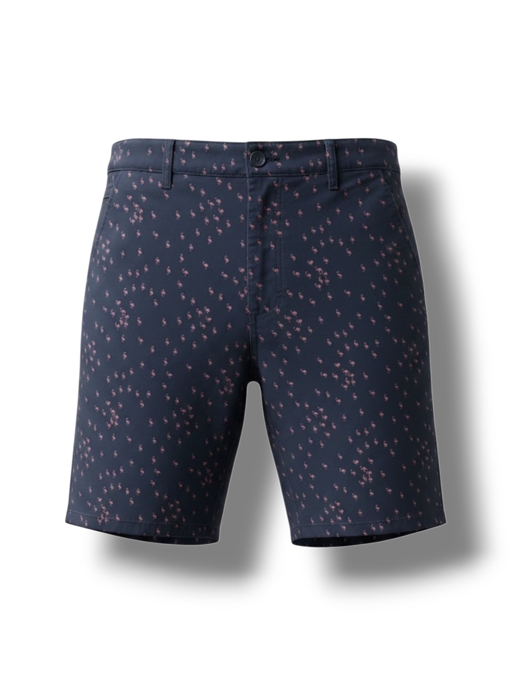 Public Record Mens Flamingo Printed Stretch Twill Shorts, Navy, Size 30 Reg